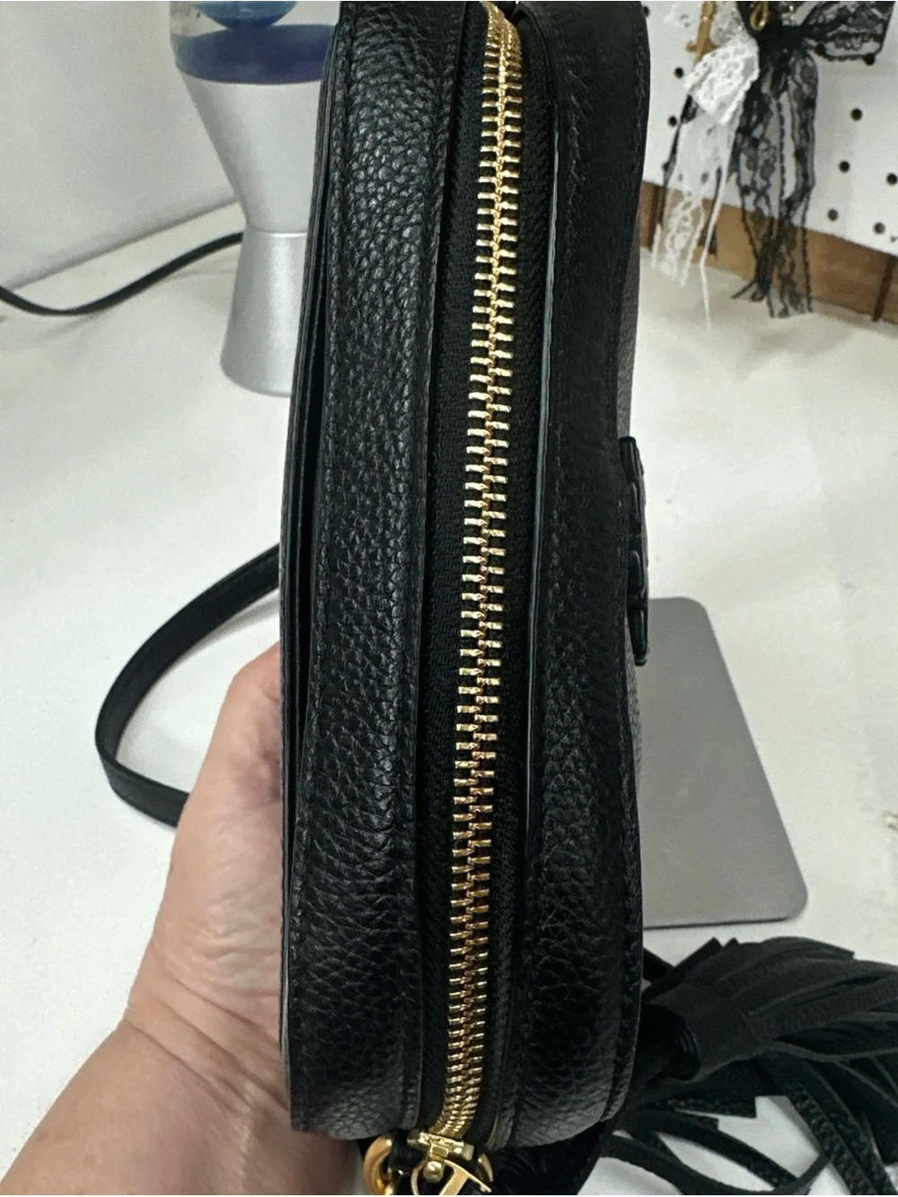 Tory Burch McGraw Crossbody tassle bag black pebbled leather Double T logo.